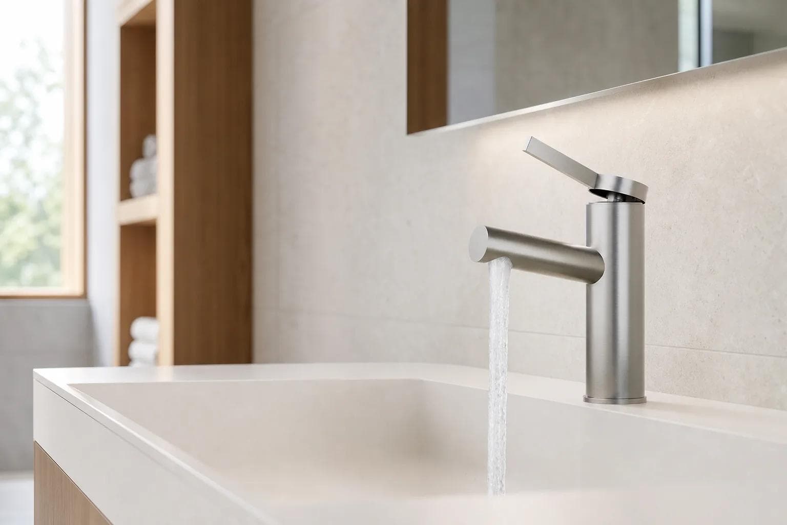 B1-210 brushed stainless steel pull-out basin faucet in a hotel bathroom