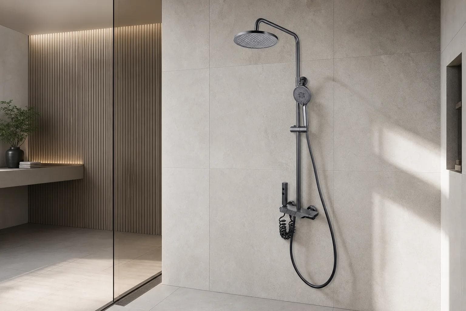 F1200 dark brushed exposed shower system installed in a hotel bathroom
